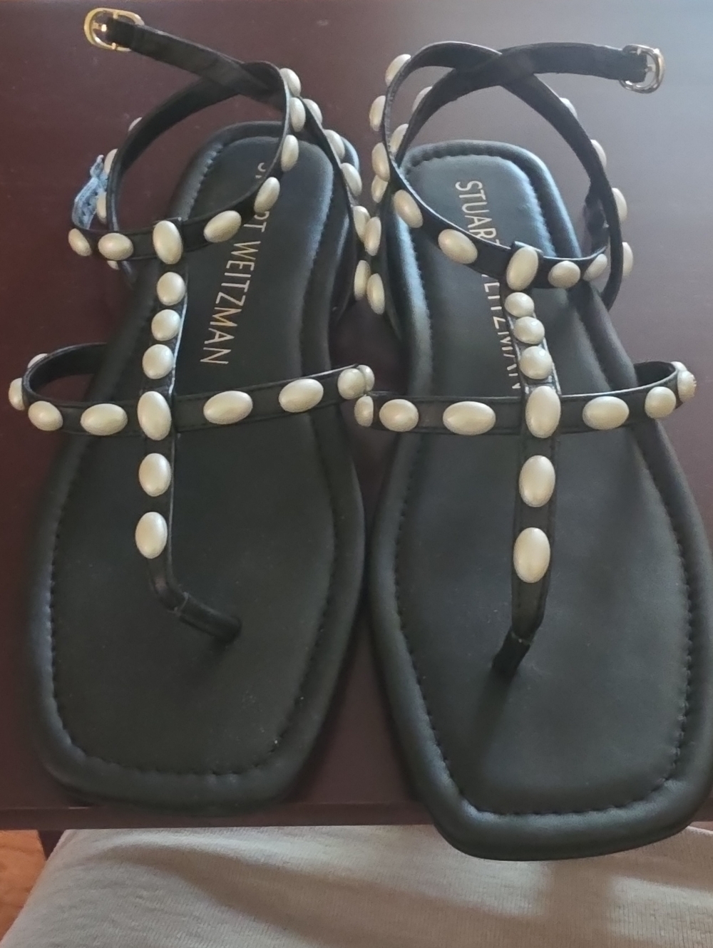 Stuart Weitzman Black Sandals with Ivory Stud Accents
